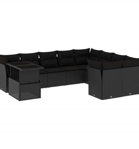 10-tlg. Garten-Sofagarnitur mit Kissen Schwarz Poly Rattan
