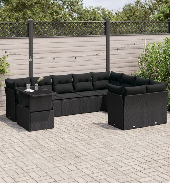 10-tlg. Garten-Sofagarnitur mit Kissen Schwarz Poly Rattan