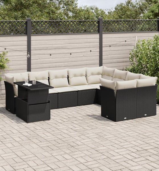 10-tlg. Garten-Sofagarnitur mit Kissen Schwarz Poly Rattan