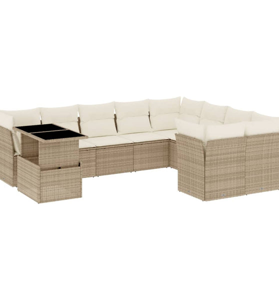 10-tlg. Garten-Sofagarnitur mit Kissen Beige Poly Rattan