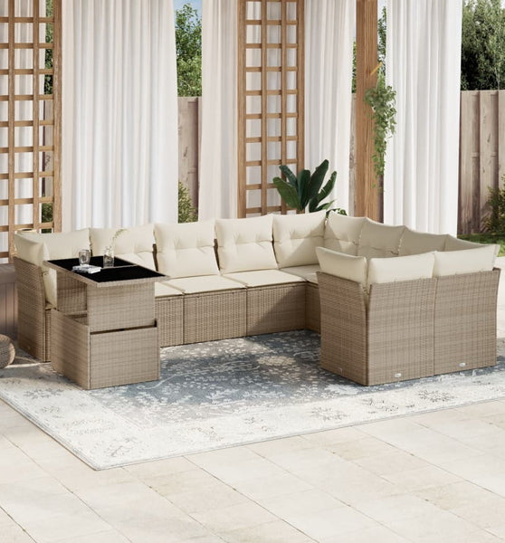 10-tlg. Garten-Sofagarnitur mit Kissen Beige Poly Rattan