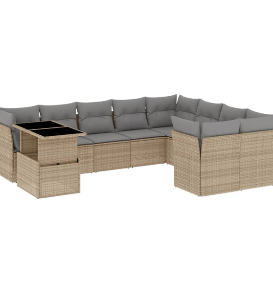10-tlg. Garten-Sofagarnitur mit Kissen Beige Poly Rattan