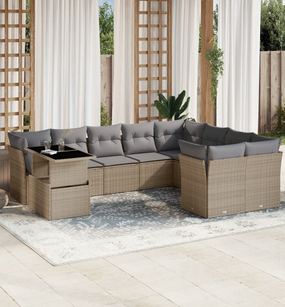 10-tlg. Garten-Sofagarnitur mit Kissen Beige Poly Rattan