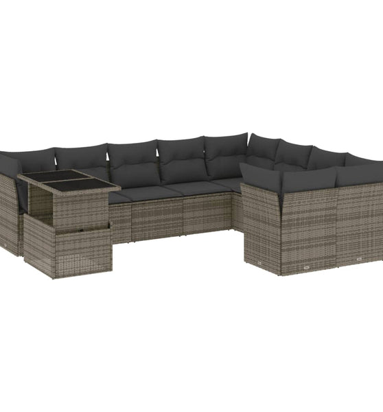 10-tlg. Garten-Sofagarnitur mit Kissen Grau Poly Rattan