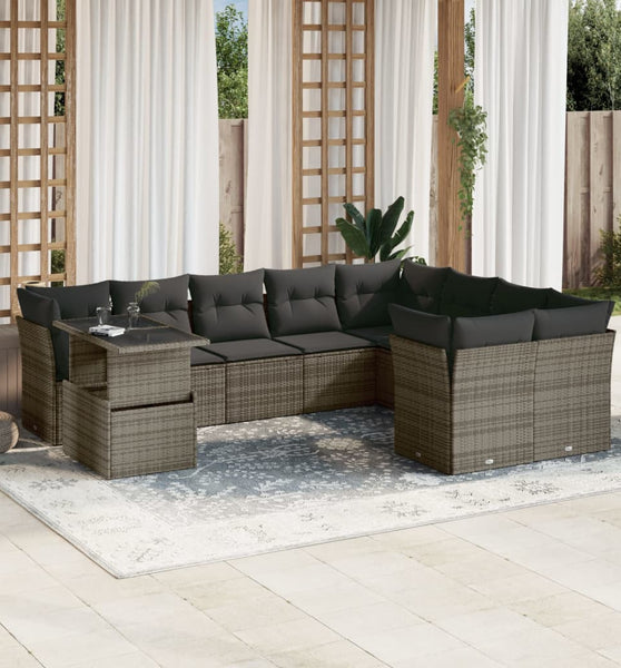 10-tlg. Garten-Sofagarnitur mit Kissen Grau Poly Rattan