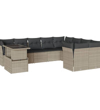 10-tlg. Garten-Sofagarnitur mit Kissen Hellgrau Poly Rattan