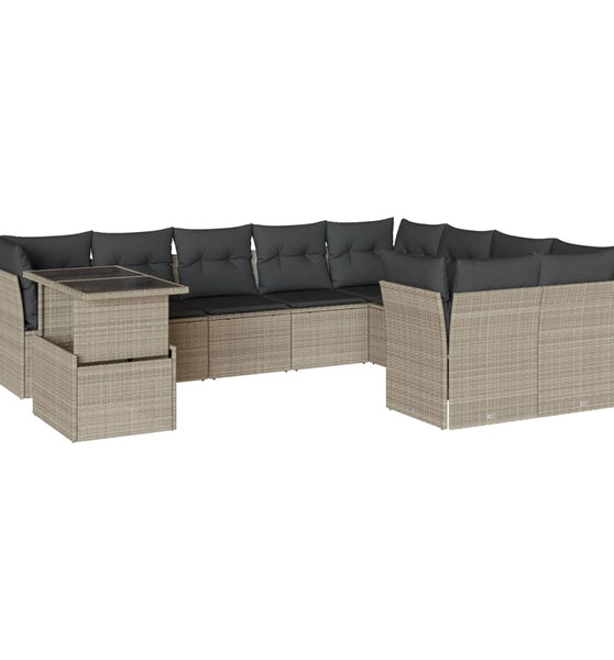 10-tlg. Garten-Sofagarnitur mit Kissen Hellgrau Poly Rattan