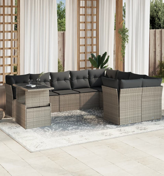10-tlg. Garten-Sofagarnitur mit Kissen Hellgrau Poly Rattan