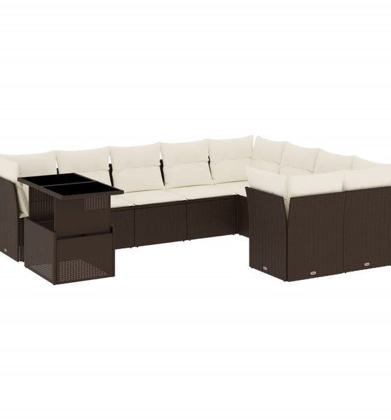 10-tlg. Garten-Sofagarnitur mit Kissen Braun Poly Rattan