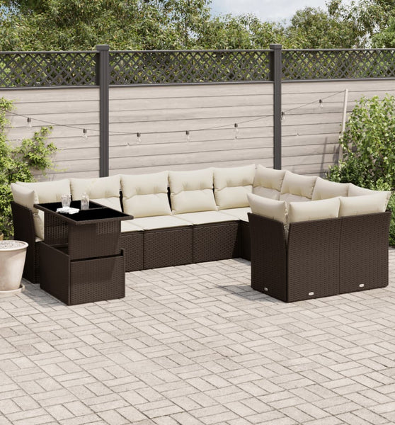 10-tlg. Garten-Sofagarnitur mit Kissen Braun Poly Rattan