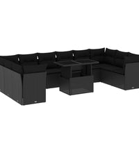 11-tlg. Garten-Sofagarnitur mit Kissen Schwarz Poly Rattan