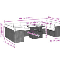 11-tlg. Garten-Sofagarnitur mit Kissen Schwarz Poly Rattan