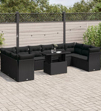 11-tlg. Garten-Sofagarnitur mit Kissen Schwarz Poly Rattan