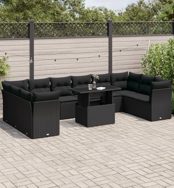 11-tlg. Garten-Sofagarnitur mit Kissen Schwarz Poly Rattan