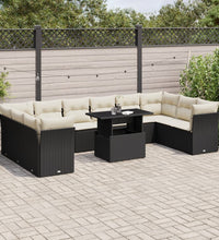 11-tlg. Garten-Sofagarnitur mit Kissen Schwarz Poly Rattan