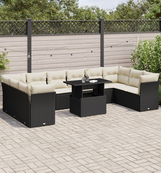 11-tlg. Garten-Sofagarnitur mit Kissen Schwarz Poly Rattan
