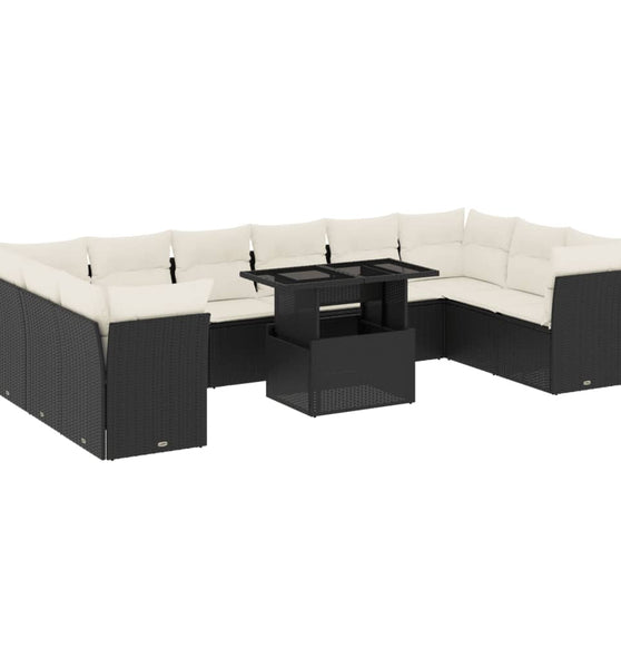 11-tlg. Garten-Sofagarnitur mit Kissen Schwarz Poly Rattan
