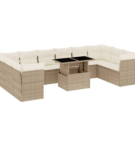 11-tlg. Garten-Sofagarnitur mit Kissen Beige Poly Rattan