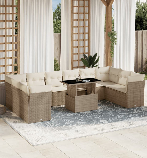 11-tlg. Garten-Sofagarnitur mit Kissen Beige Poly Rattan