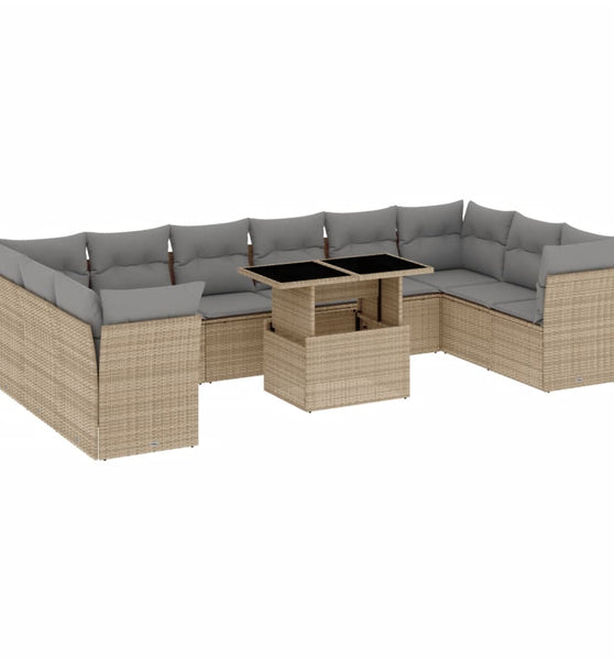 11-tlg. Garten-Sofagarnitur mit Kissen Beige Poly Rattan