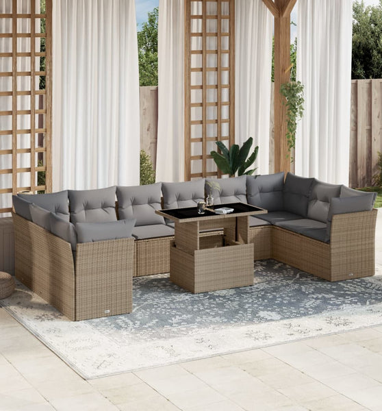 11-tlg. Garten-Sofagarnitur mit Kissen Beige Poly Rattan