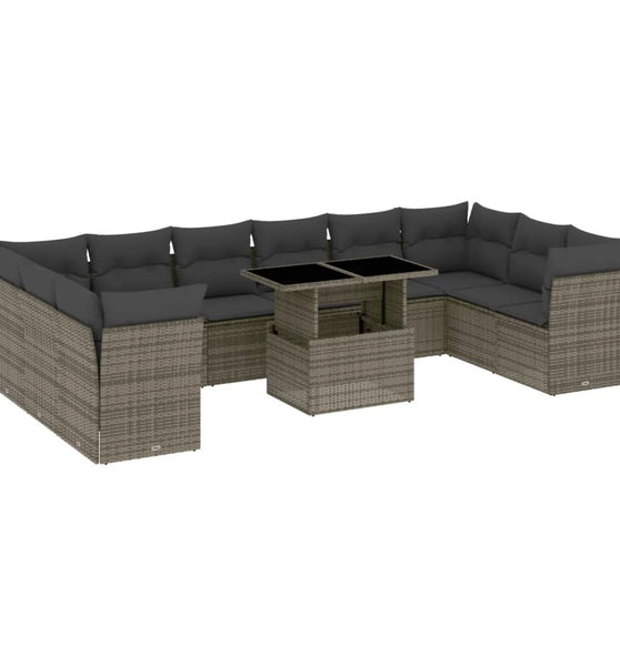 11-tlg. Garten-Sofagarnitur mit Kissen Grau Poly Rattan