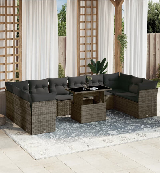 11-tlg. Garten-Sofagarnitur mit Kissen Grau Poly Rattan