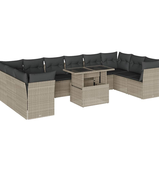 11-tlg. Garten-Sofagarnitur mit Kissen Hellgrau Poly Rattan