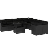 11-tlg. Garten-Sofagarnitur mit Kissen Schwarz Poly Rattan