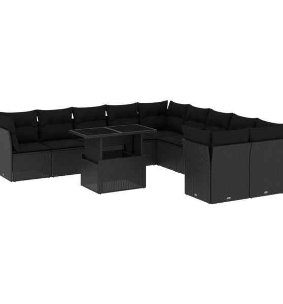 11-tlg. Garten-Sofagarnitur mit Kissen Schwarz Poly Rattan