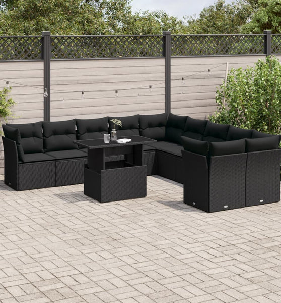 11-tlg. Garten-Sofagarnitur mit Kissen Schwarz Poly Rattan
