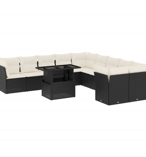 11-tlg. Garten-Sofagarnitur mit Kissen Schwarz Poly Rattan