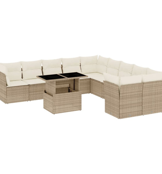 11-tlg. Garten-Sofagarnitur mit Kissen Beige Poly Rattan