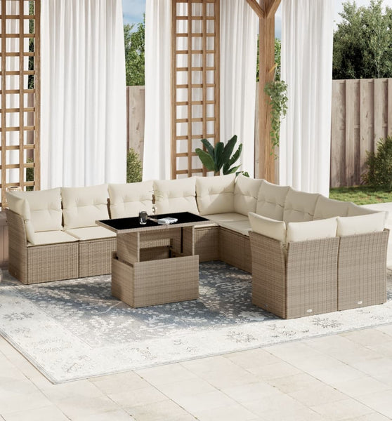 11-tlg. Garten-Sofagarnitur mit Kissen Beige Poly Rattan