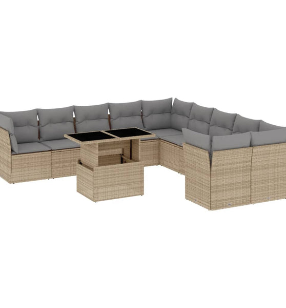 11-tlg. Garten-Sofagarnitur mit Kissen Beige Poly Rattan