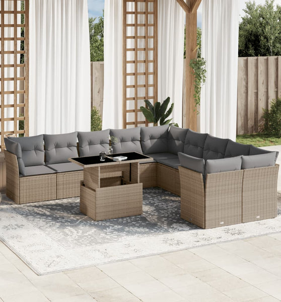 11-tlg. Garten-Sofagarnitur mit Kissen Beige Poly Rattan