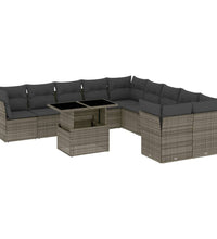 11-tlg. Garten-Sofagarnitur mit Kissen Grau Poly Rattan