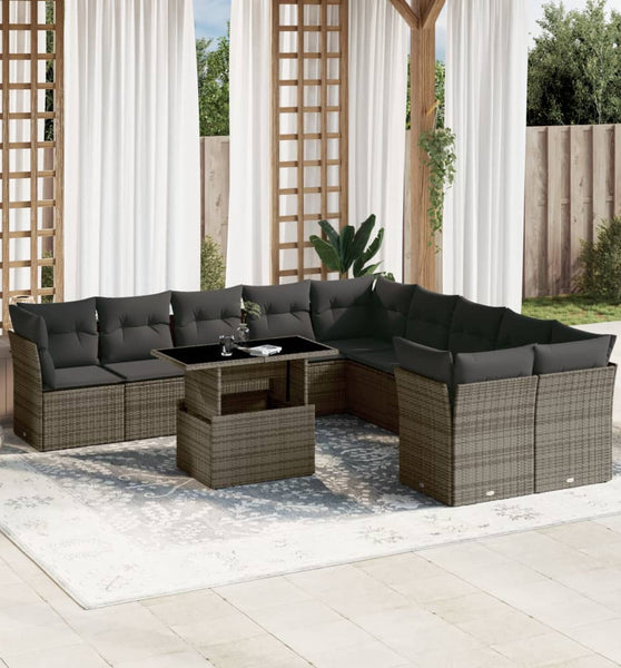 11-tlg. Garten-Sofagarnitur mit Kissen Grau Poly Rattan