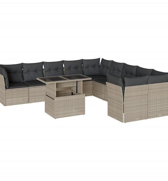 11-tlg. Garten-Sofagarnitur mit Kissen Hellgrau Poly Rattan