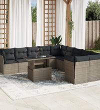 11-tlg. Garten-Sofagarnitur mit Kissen Hellgrau Poly Rattan