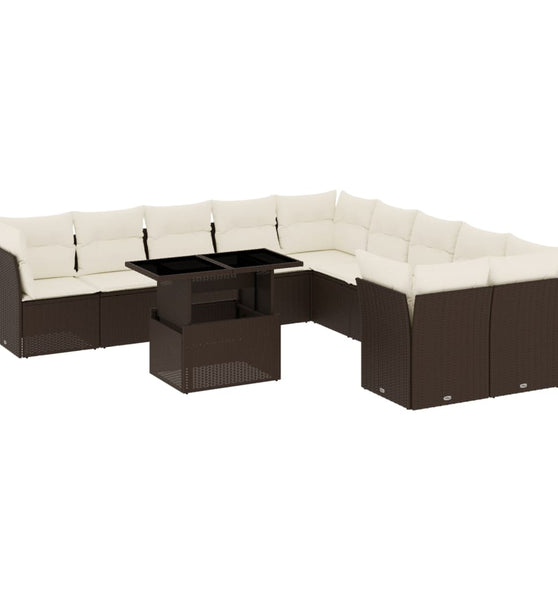 11-tlg. Garten-Sofagarnitur mit Kissen Braun Poly Rattan