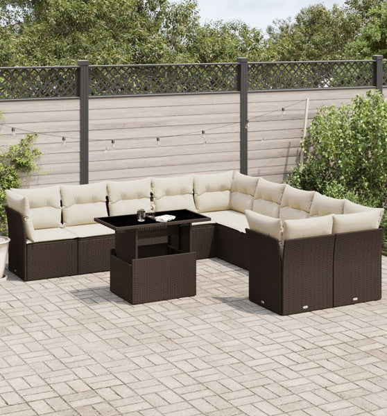 11-tlg. Garten-Sofagarnitur mit Kissen Braun Poly Rattan