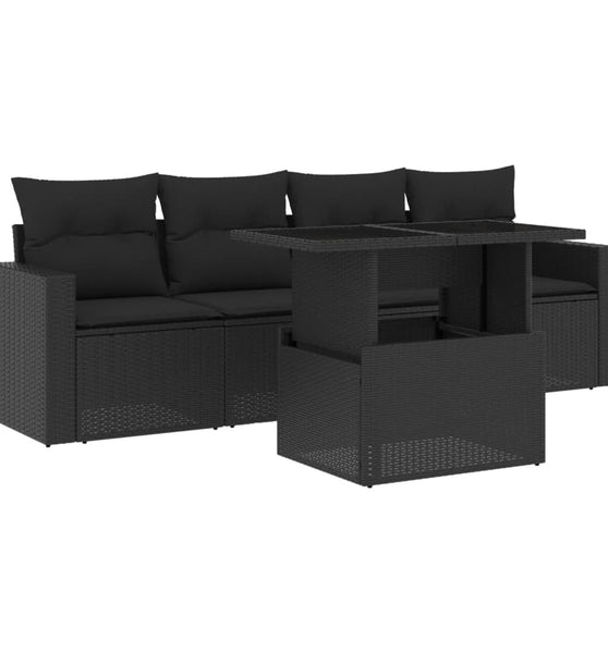 5-tlg. Garten-Sofagarnitur mit Kissen Schwarz Poly Rattan