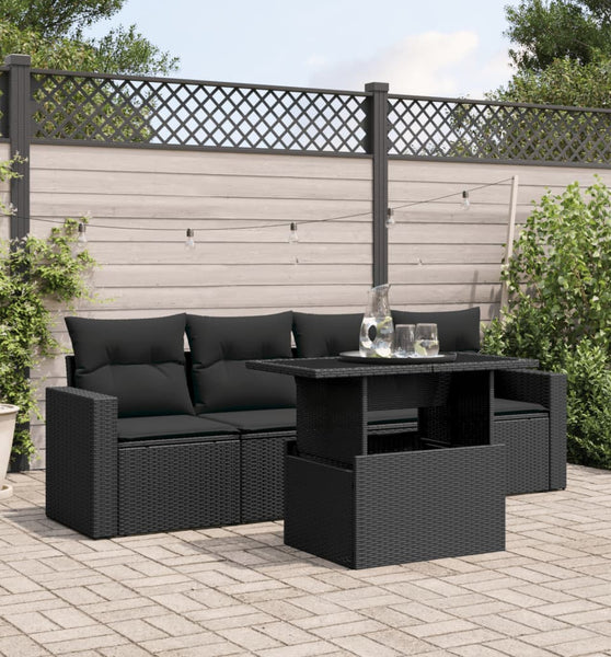 5-tlg. Garten-Sofagarnitur mit Kissen Schwarz Poly Rattan