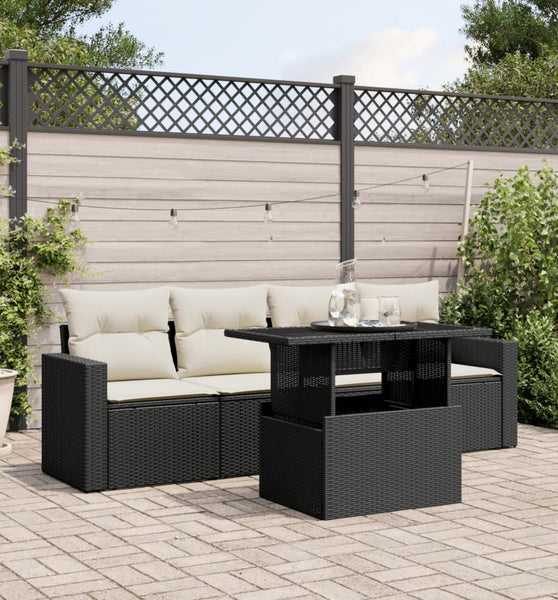 5-tlg. Garten-Sofagarnitur mit Kissen Schwarz Poly Rattan