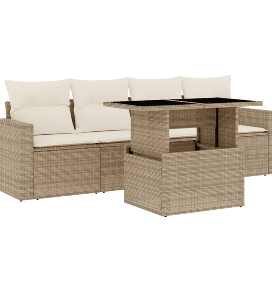 5-tlg. Garten-Sofagarnitur mit Kissen Beige Poly Rattan