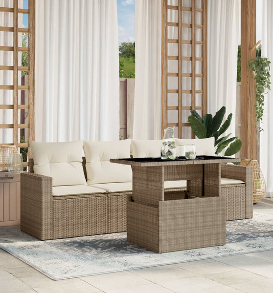 5-tlg. Garten-Sofagarnitur mit Kissen Beige Poly Rattan