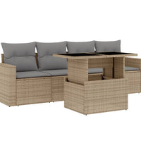 5-tlg. Garten-Sofagarnitur mit Kissen Beige Poly Rattan