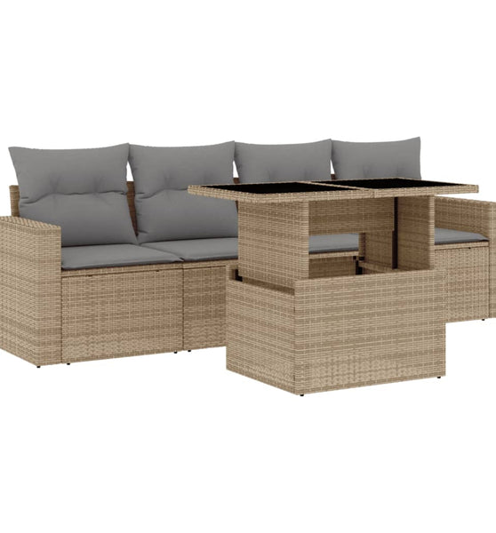 5-tlg. Garten-Sofagarnitur mit Kissen Beige Poly Rattan