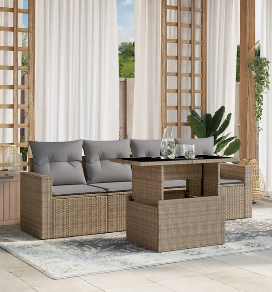5-tlg. Garten-Sofagarnitur mit Kissen Beige Poly Rattan